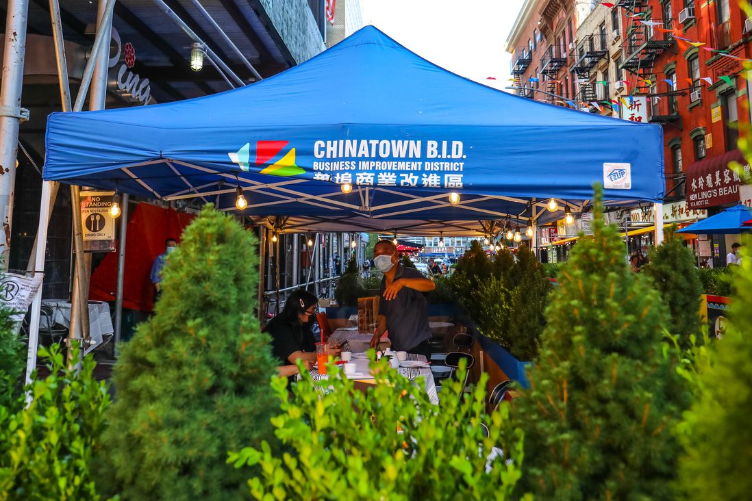 Mott Street set up with outdoor dining spaces
